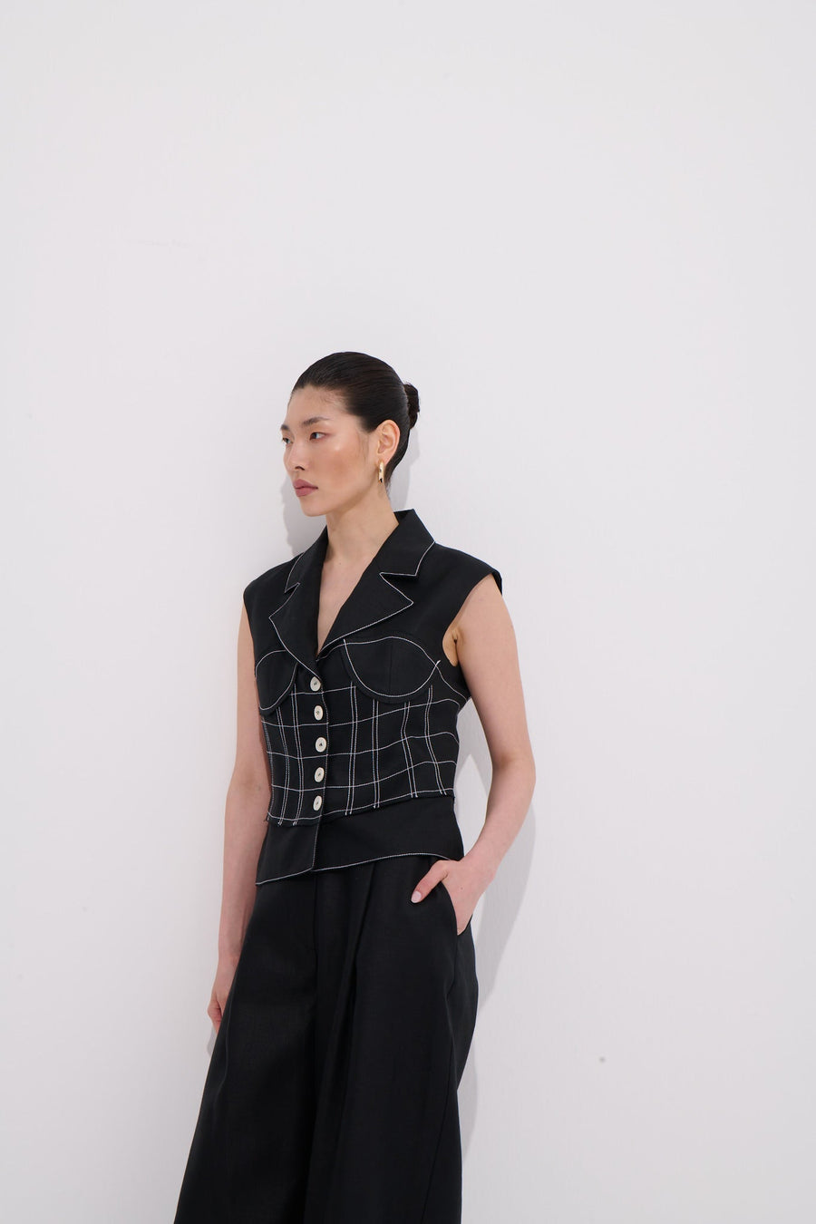 Paloma Embroidered Corset Detail 100% Linen Vest Premium