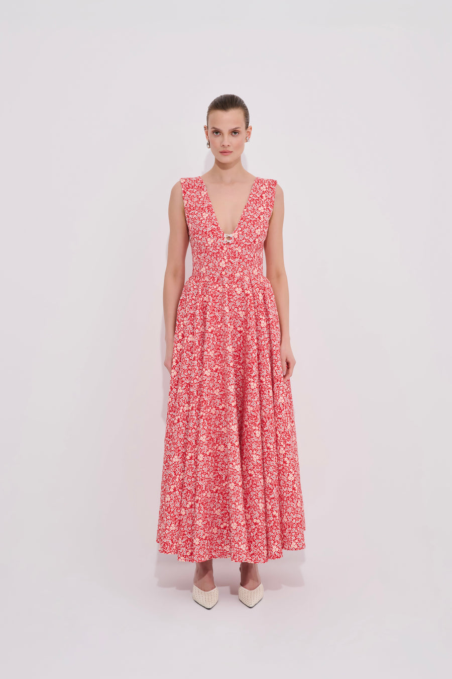 Harlow Red-Yellow Small Floral Print Dress - Premium Cotton