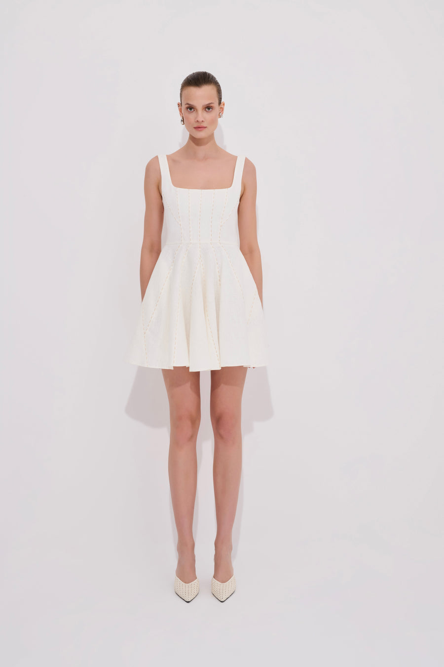 Ivory Short Dress 100% Linen with Punto Stitch Detail