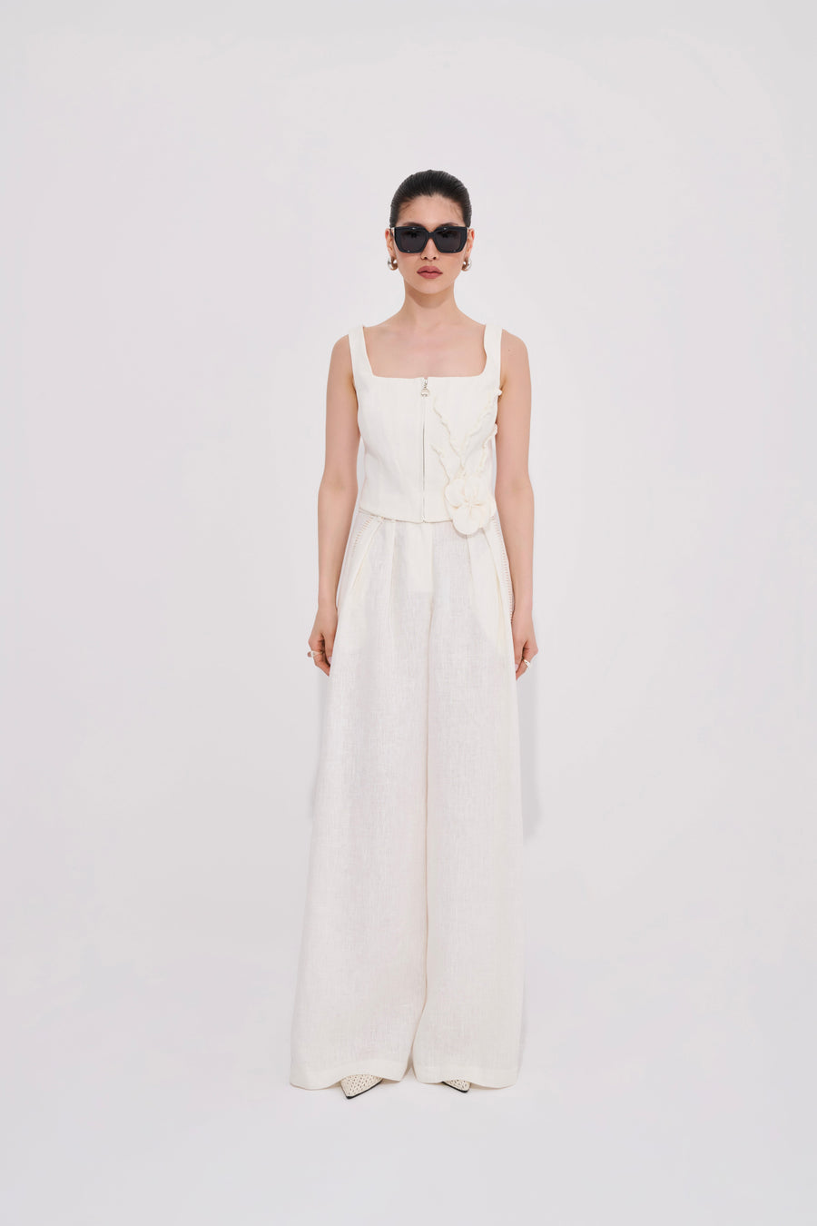 Ivory 100% Linen Pants with Punto Stitch Detail - Premium Organic