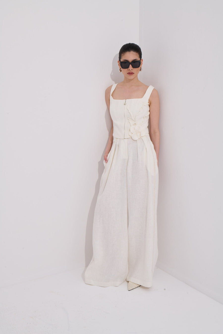 Ivory 100% Linen Pants with Punto Stitch Detail Premium