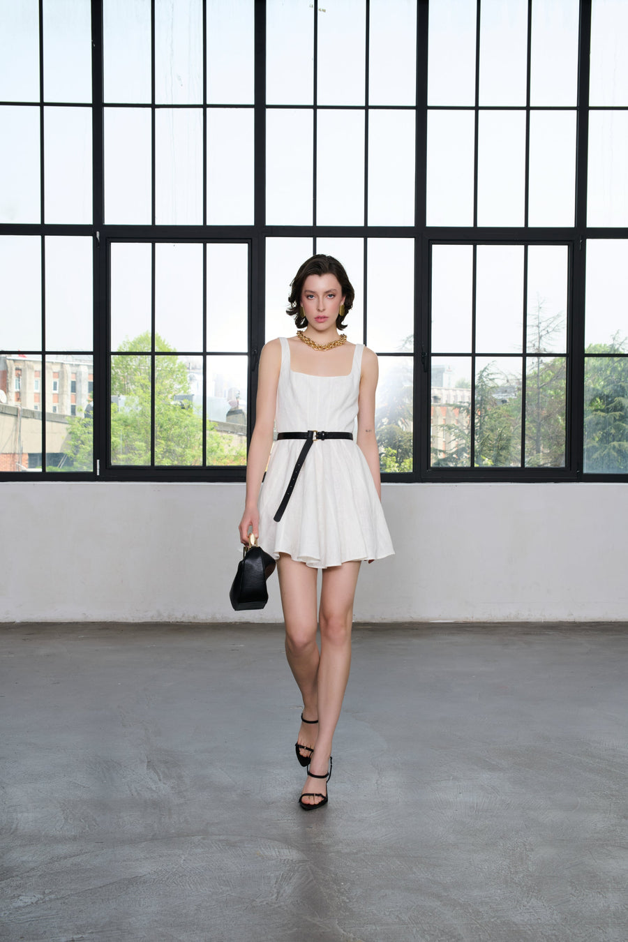 Ivory Short Dress 100% Linen with Punto Stitch Detail