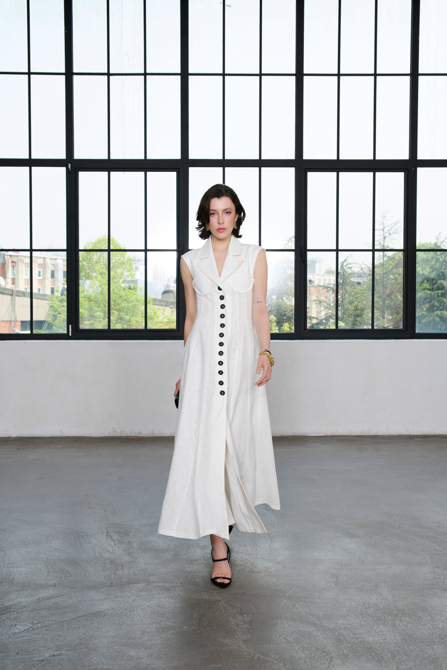 Ivory Long Corset-Style Dress - Premium Linen