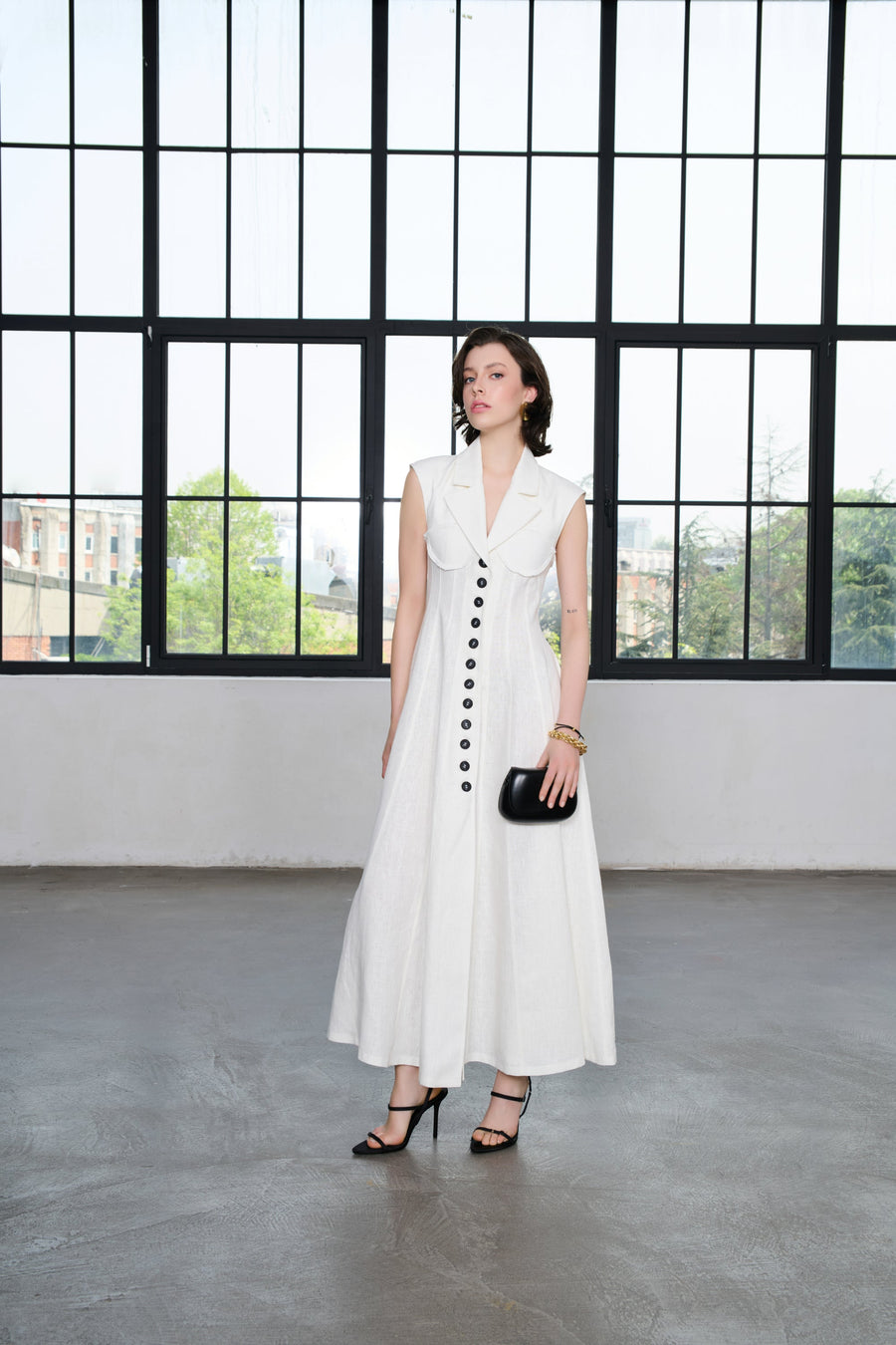 Ivory Long Corset-Style Dress - Premium Linen