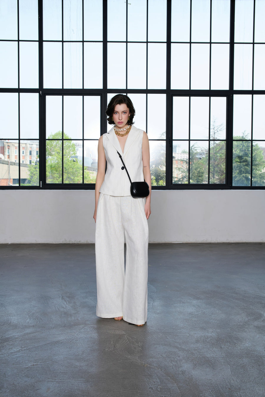 Ivory 100% Linen Pants with Punto Stitch Detail Premium