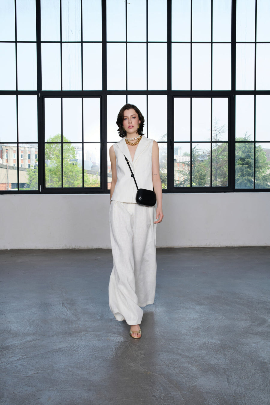 Ivory 100% Linen Pants with Punto Stitch Detail Premium